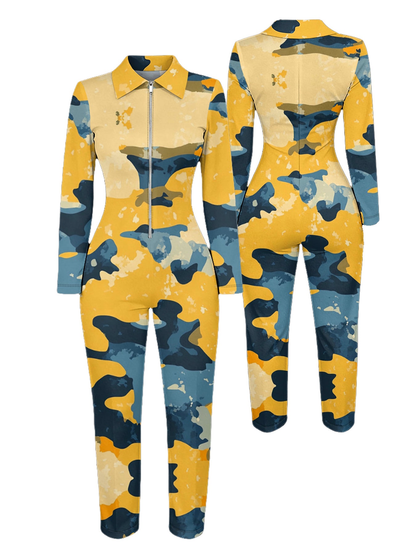 Ladies' Four-season Long-sleeved Sexy Jumpsuit, Front Zipper Design, Light Style, Fashionable Full-print, Perfect for Daily Outings and Casual Wear, Fashionable and Sexy Outfit
