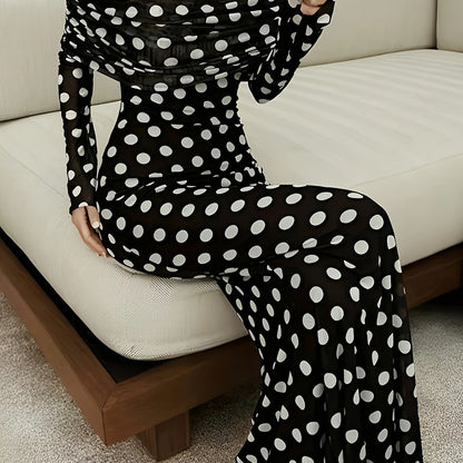 Long-Sleeved Off-Shoulder Polka Dot Printed Maxi Dress for Festivals, Music Events, Parties, Vacations, And Gatherings[Ll425]