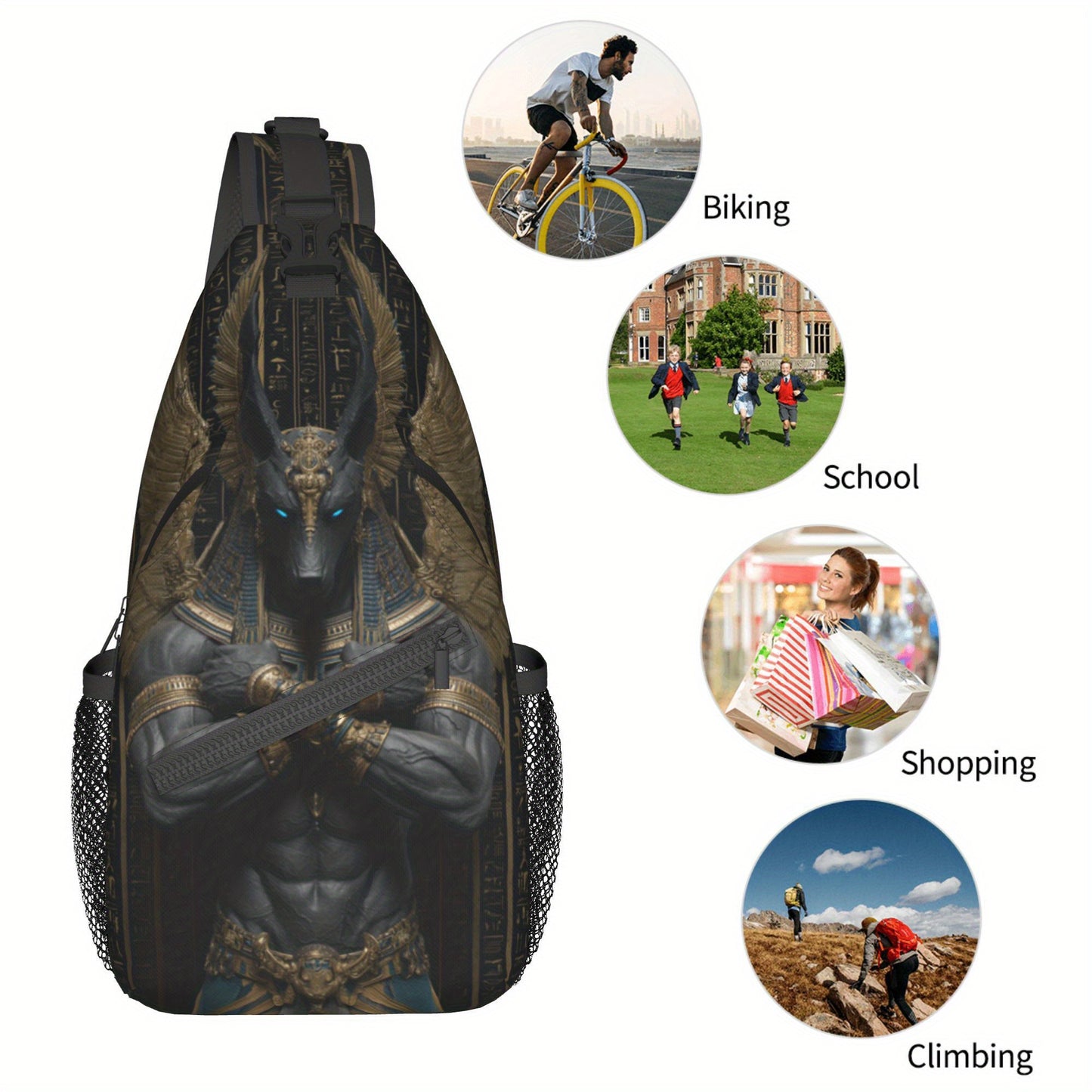 Men's Egyptian God Anubis Sling Bag - Egyptian-Themed Chest Pack with Anubis Print & Horus-Eye Golden Accent, Zipper Closure, Hands-Free Crossbody Bag for Cycling, Travel, Casual Use - Ancient Egyptian Design Gift for Adventu