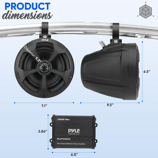 Pyle 5.25'' Waterproof Speakers + 2-Channel Amplifier System, 1000W for ATV, UTV, Boat & Off-Road Vehicles (PLUTV52CH)