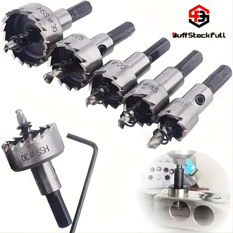 BUFF STACK FULL 5pcs HSS Drill Bits with Wrench - High-Speed Steel, Rust-Proof, Precision Sizes (16mm-30mm) for Metal & Stainless Steel - Ideal for Professional Sheet Metal Work, Drill Bits for Steel, Metalworking Drill Bits