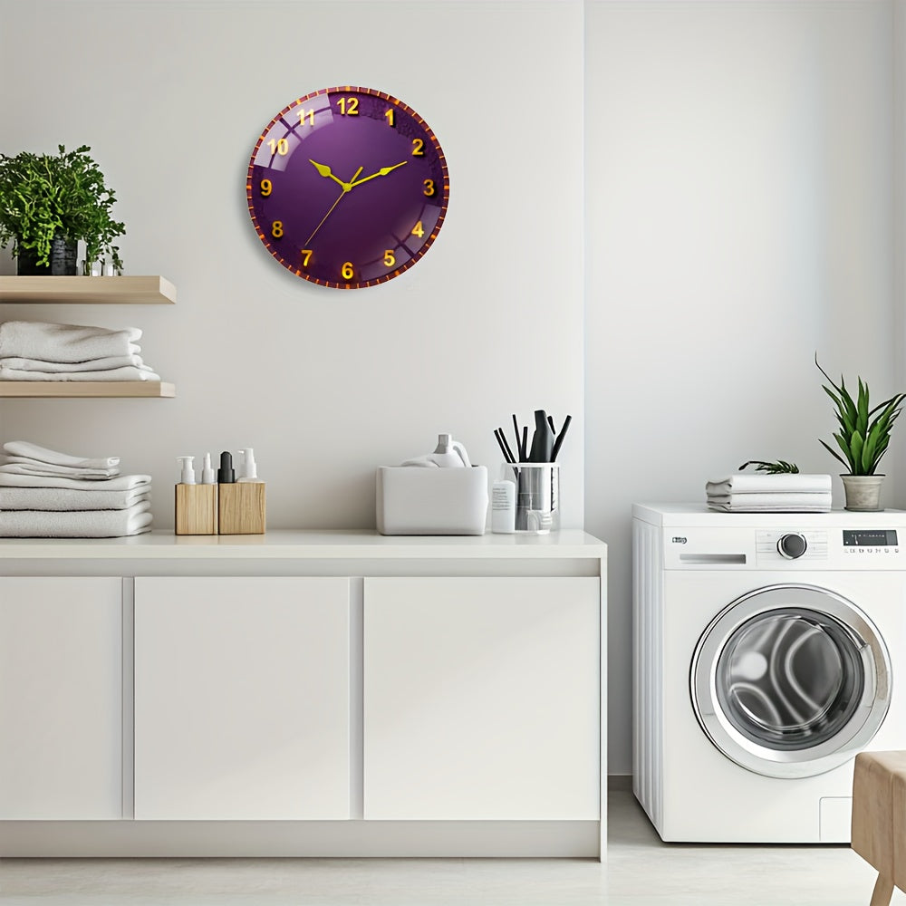 Large Modern Purple & Golden Wall Clock with Black Hands - 30cm/11.81" Thick Tempered Glass Silent Quartz Movement, Mechanism, Modern Round Wall Clock for Living Room, Bedroom, Office - Elegant Purple Face with Golden Hands,