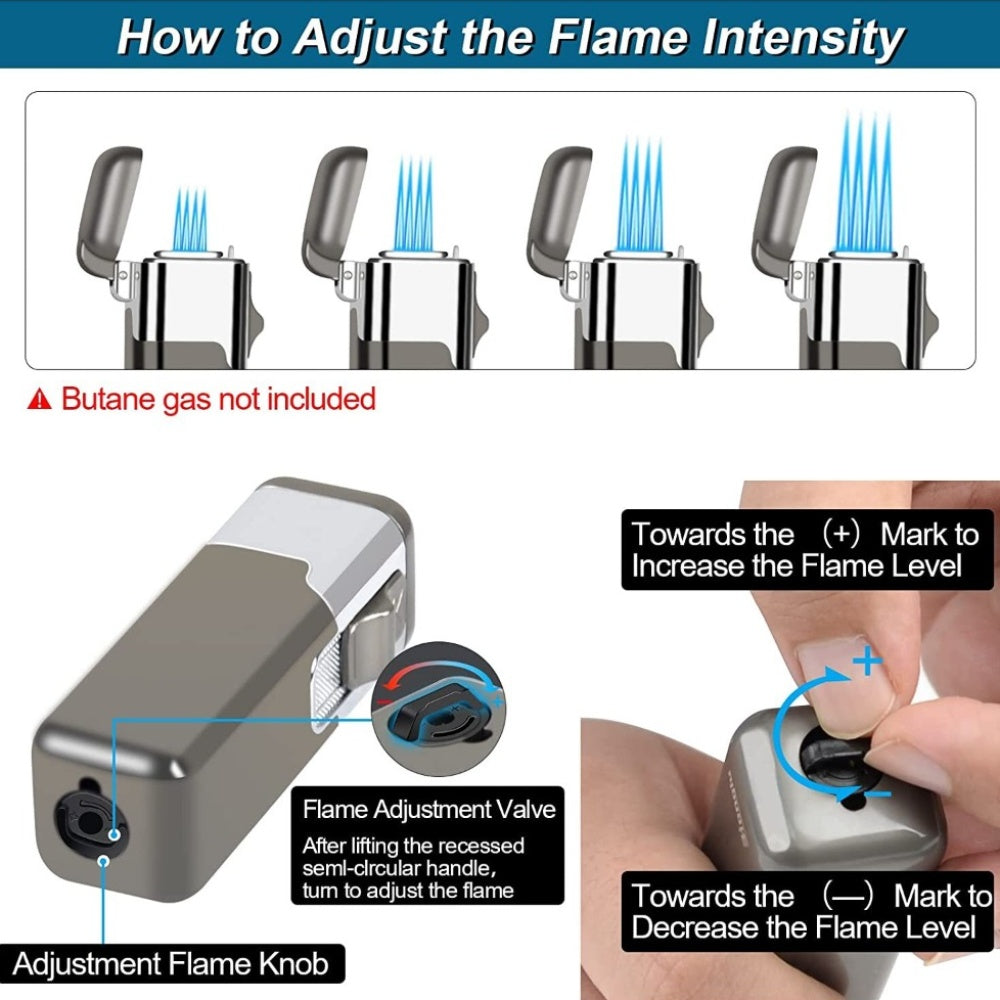 1pc Quad Direct Blow Flame Inflatable Butane Lighter | Adjustable Windproof, Metal, Ideal for Camping, Outdoor, Collections, Gifts, Birthday, Holiday Gifts