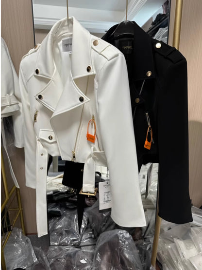 Women'S Retro Motorcycle Jacket - Slim-Fit Short Coat with Stand Collar & Belt, Full-Zip Front Closure, Structured Biker Outerwear for Fall Commuting, Casual to Semi-Formal Outfits (Black/White) - Versatile Layering Piece, Mo