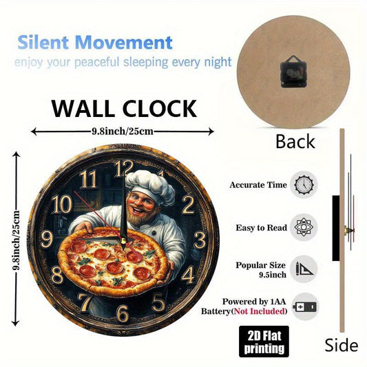1pc Pizza Chef Wall Clock - Farmhouse Kitchen Decor with Chef Holding Pizza, Non-Ticking Easy-to-Read Large Numbers, Battery-Powered (AA Not Included) - Perfect for Home, Office, Birthday or Housewarming Gift - 9.8x9.8 Inch A