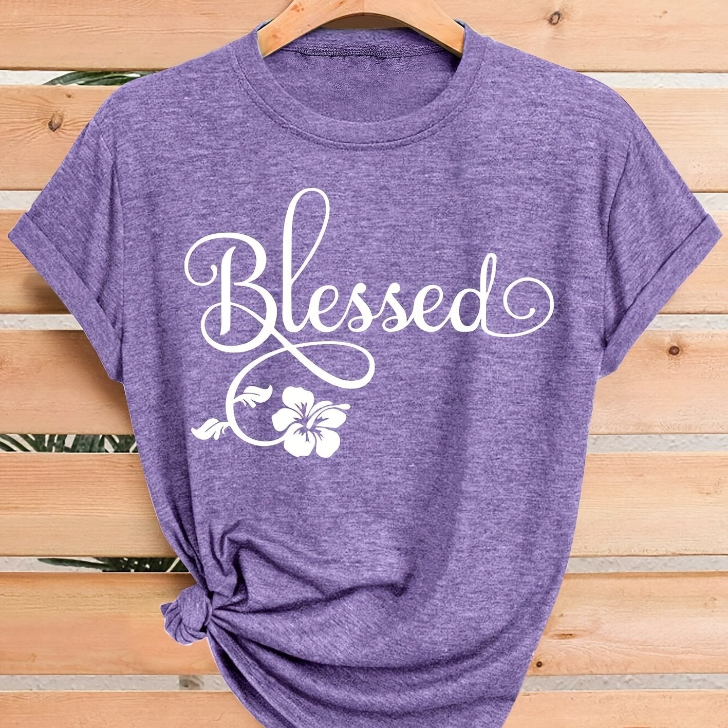 Women's Casual Short Sleeve T-Shirt - Blessed Floral Print Retro Style, Soft Stretch Round Neck Top, Machine Washable All-Season Comfort, Multi-Color Options S-XXL, Ladies T Shirts