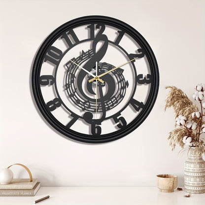 [1pc Music Note Wall Clock] 1pc Music Note Design 16-Inch Metal Wall Clock, Silent Mechanical Movement, Round Shape, Battery Operated with AA Battery (Not Included), Perfect for Classroom, Living Room, Party, Hallway, Housewa