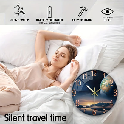 12 Inch Space-Themed Earth Landscape Wall Clock - Thick Tempered Glass, Silent Non-Ticking Modern Round Clock for Living Room, Bedroom Decor - Perfect Birthday & Holiday Gift (AA Battery Operated, Not Included), Sleek Hour Ma
