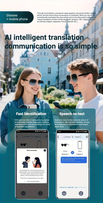 2025 AI Translation Glasses: Real-Time 100+ Languages, Wireless Wireless, Built-in Mic/Speaker, HD Voice & Music, AI Voice Control, Camera, Blue Light Protection, Magnetic Charging, Dual Sound - Stylish for Office, Fitness, H