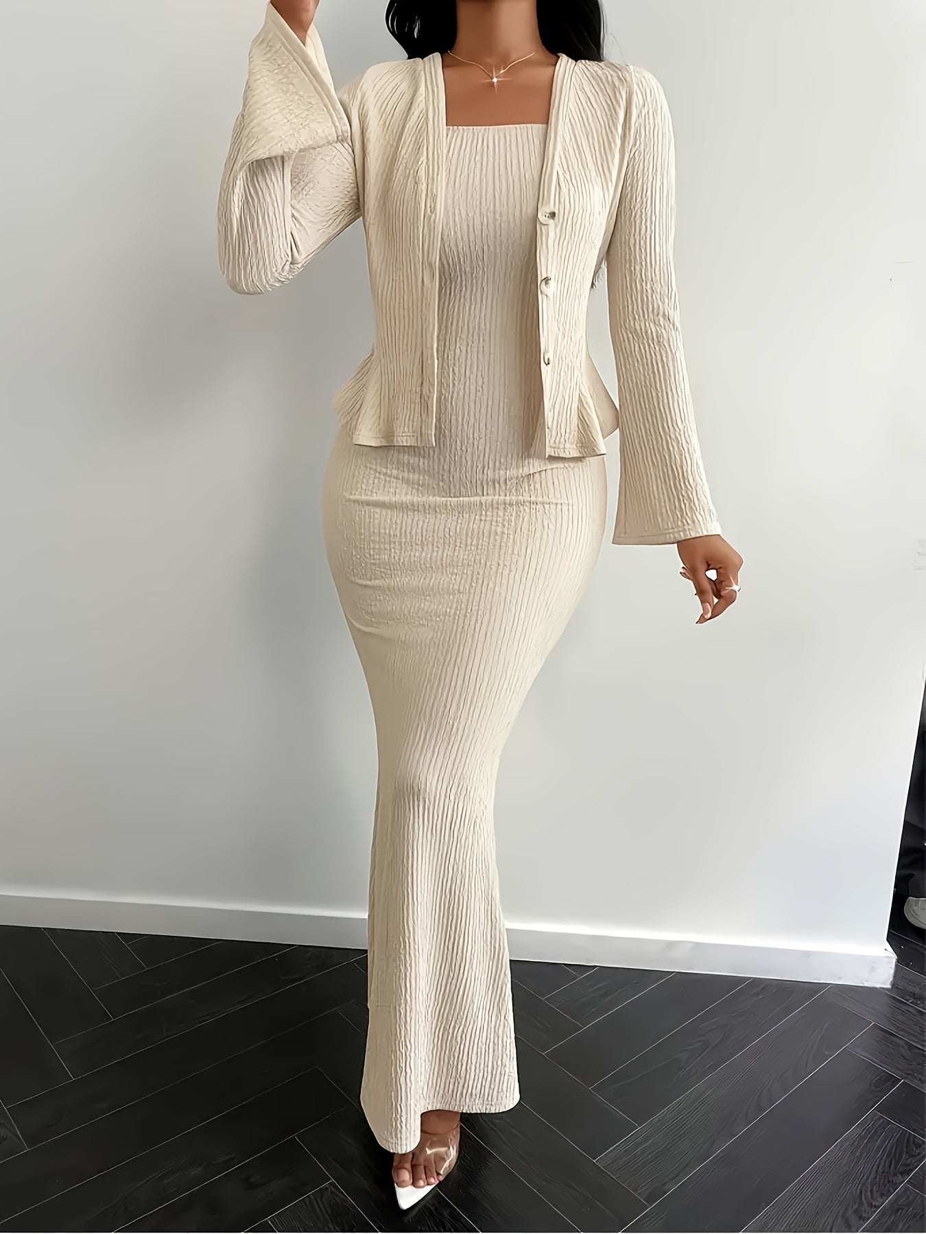 Spaghetti Strap Dress and Cardigan Set - Elegant Solid Color | Spring/Summer Collection, Button Details, Collarless Style