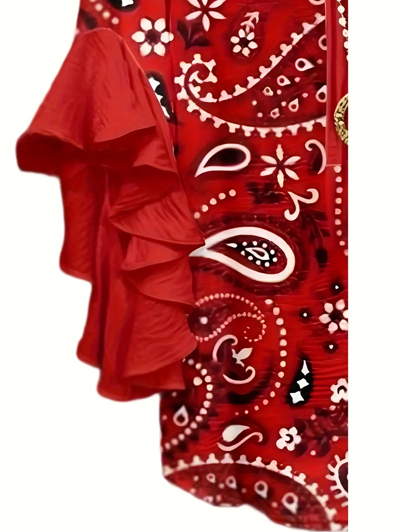Plus Size - Plus-Size Women'S Paisley Print Ruffled Sleeve Stylish Casual Round Neck Autumn Shirt