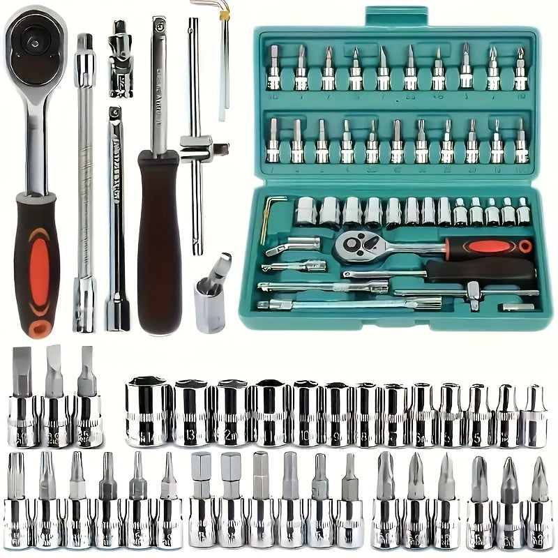 High-end Professional 53pcs Tool Set, Auto/bicycle Repair Machinery Kit, 1/2 Inch *1/4 Inch 3/8 Inch Drive Depth And Standard Wrench Set, Race-grade Auto Parts Repair Ratchet Wrench And Other Auto Repair Accessories Tool Set