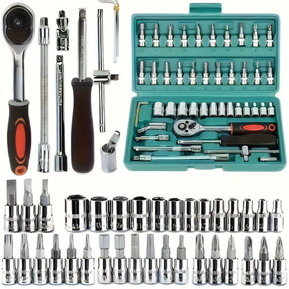 High-end Professional 53pcs Tool Set, Auto/bicycle Repair Machinery Kit, 1/2 Inch *1/4 Inch 3/8 Inch Drive Depth And Standard Wrench Set, Race-grade Auto Parts Repair Ratchet Wrench And Other Auto Repair Accessories Tool Set