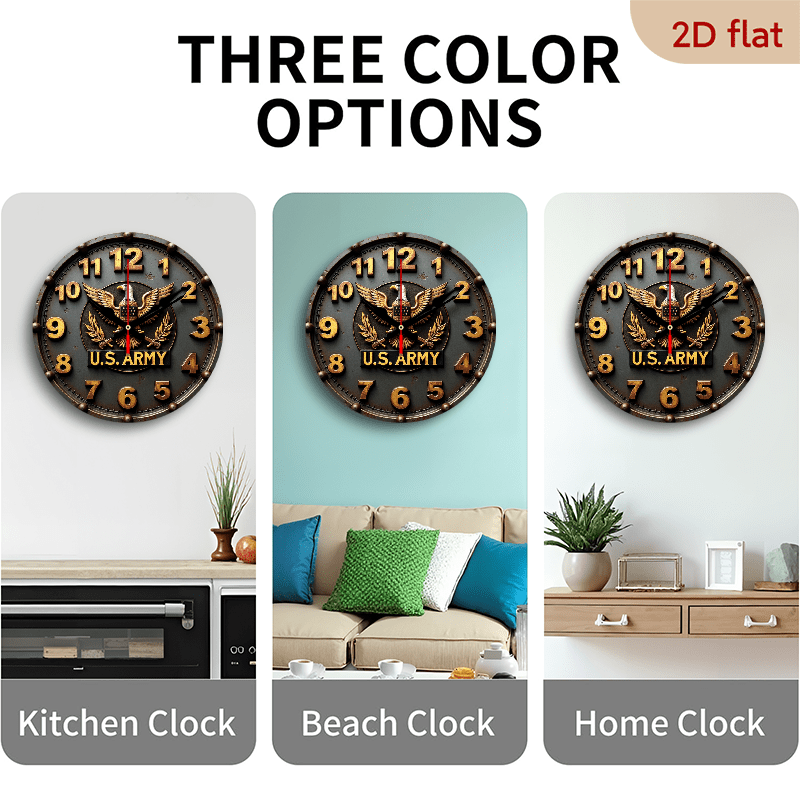 9.8" U.S. Army Silent Wall Clock - 2D Flat Printed Eagle Olive Branch Design, Artificial Wood Quartz Battery Operated (AA), Non-Luminous Military-Themed Home Decor for Living Room, Bedroom, Coffee Area, Clock for Living Room,