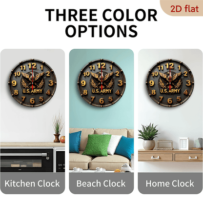 9.8" U.S. Army Silent Wall Clock - 2D Flat Printed Eagle Olive Branch Design, Artificial Wood Quartz Battery Operated (AA), Non-Luminous Military-Themed Home Decor for Living Room, Bedroom, Coffee Area, Clock for Living Room,