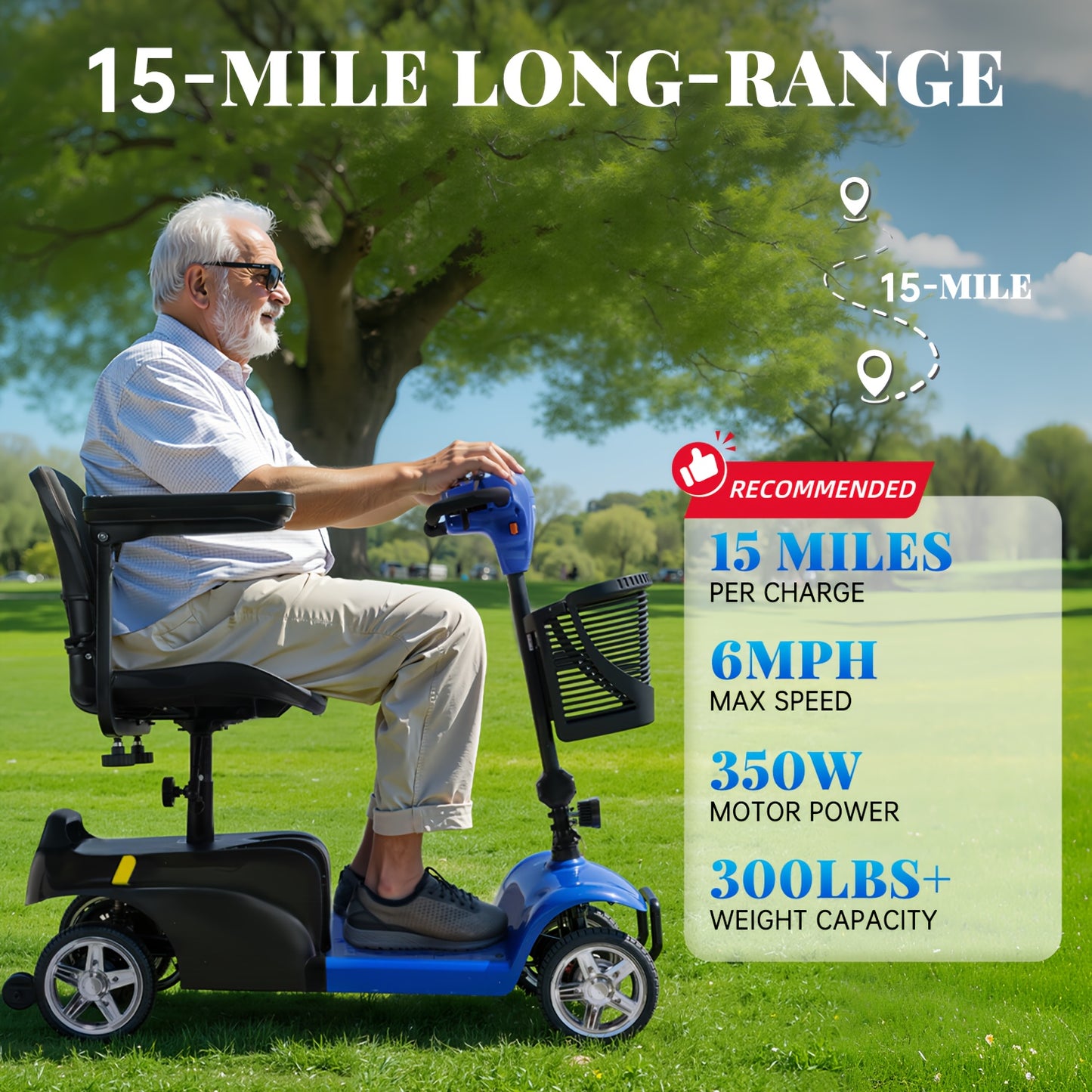 This 4-wheel Electric Mobility Scooter, Designed for Seniors And Individuals with Disabilities, Features A 350W Motor, 12.5Ah 6 Mph Top Speed, 15-mile Range, 360° Rotating Seat, LED Headlights, Detachable Shopping Basket, An