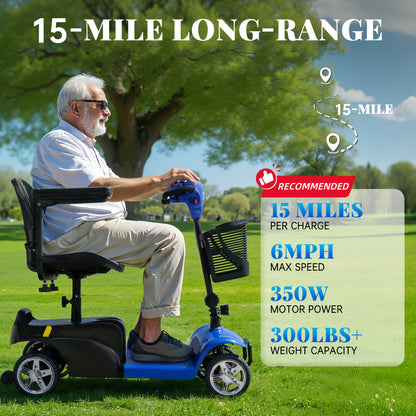 This 4-wheel Electric Mobility Scooter, Designed for Seniors And Individuals with Disabilities, Features A 350W Motor, 12.5Ah 6 Mph Top Speed, 15-mile Range, 360° Rotating Seat, LED Headlights, Detachable Shopping Basket, An