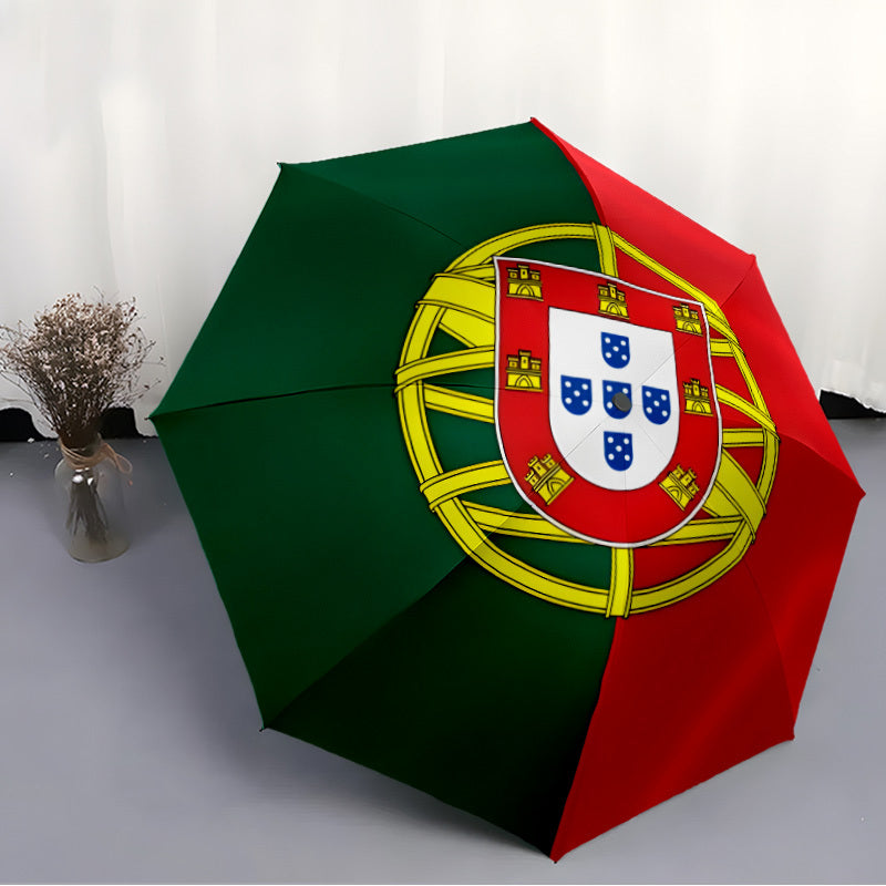 Modern Portuguese Flag Design Automatic Folding Umbrella - Durable Windproof Portable Travel Umbrella with 8 Ribs, 210T Pongee Fabric, Ideal for Holiday Gifts, Black & Red with Yellow & Blue Accents, Travel Umbrella, Gift Ite