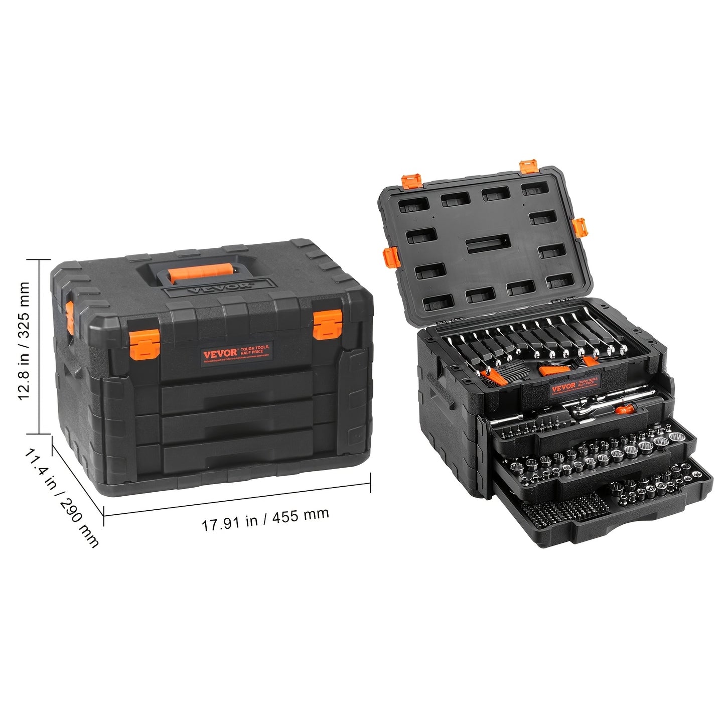 450pcs VEVOR Heavy-Duty Mechanics Tool Set & Socket Kit - 1/4"/3/8"/1/2" Drive SAE & Metric, 450pcs All-in-One Professional/Residential Tool Kit with Deep/Standard Sockets, -Resistant Case, Wrenches, Bolts/Rivets Removal