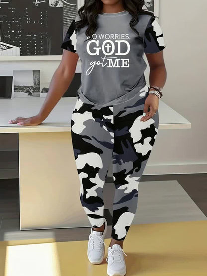 No Worries, God Got Me Camouflage Print Spring And Summer Short-sleeved Round Neck T-shirt Camouflage Print Tight Trousers Suit Spring And Summer S Leisure Two-piece Suit, Casual Wear, Leisure Outfit, Short Sleeve Top, Tight