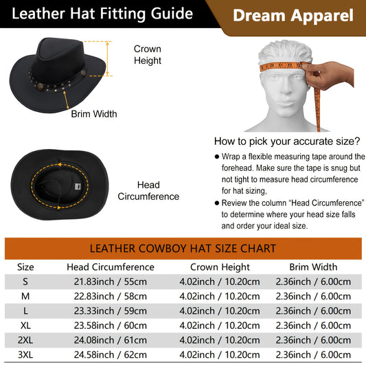 Genuine Leather Cowboy Hat for Men Women Western Australian Outback Hat with Shapeable Wide Brim, Black Aussie Style Leather Hat