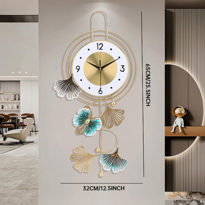 Large Modern Round Wall Clock with Golden Hands & Green Leaf Dial - Large Golden Hands, Green Leaf & Golden Butterfly Numbers, Large Black Face (12.5x25.5 Inch) Silent Non-Ticking Easy-to-Read Analog Clock for Living Room, Be