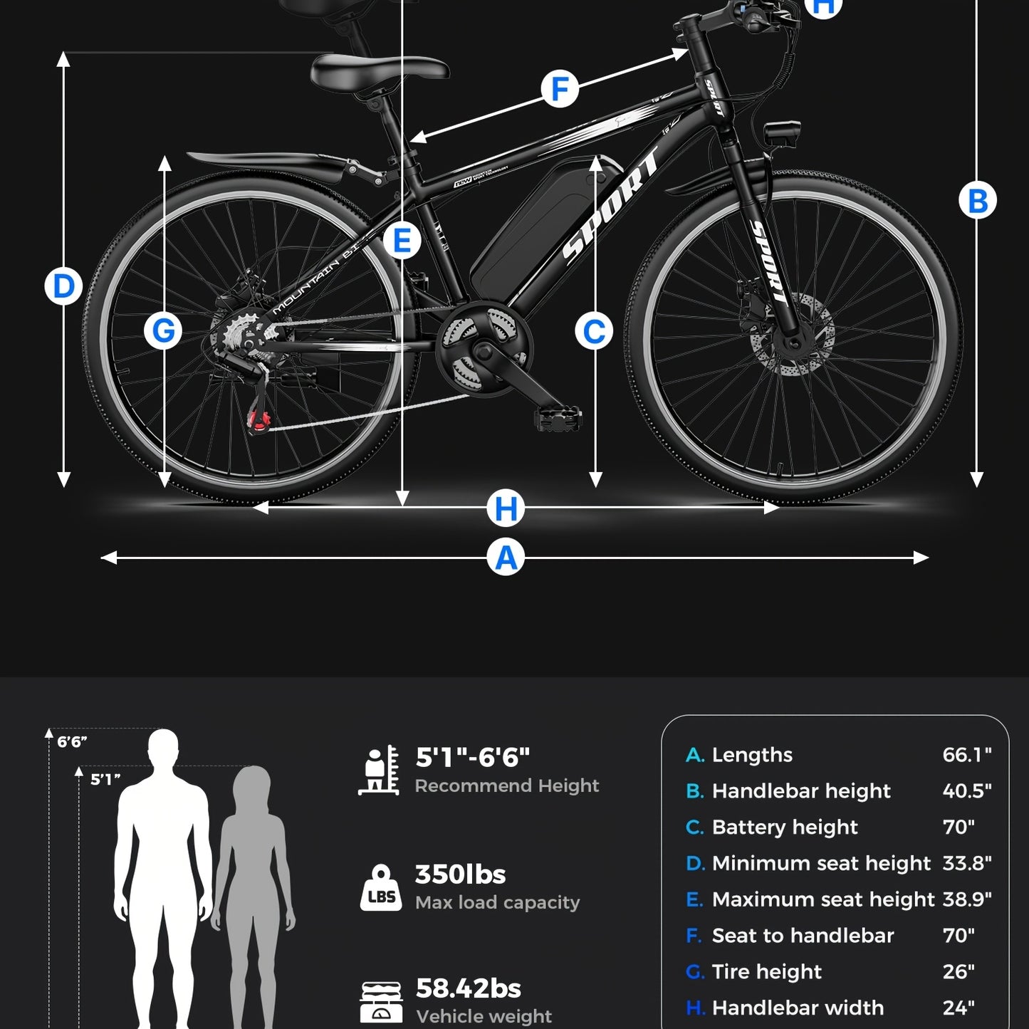 G26 749W/500-750W Peak Motor Electric Bike for Adults - 55-Mile Range 25 MPH Heavy-Duty E-Bike, 26" All-Terrain Tire-like Carbon Wheel, 480Wh Removable Battery, 7-Speed & Front Suspension, White/Black ( Plug) - Ebike for Comm