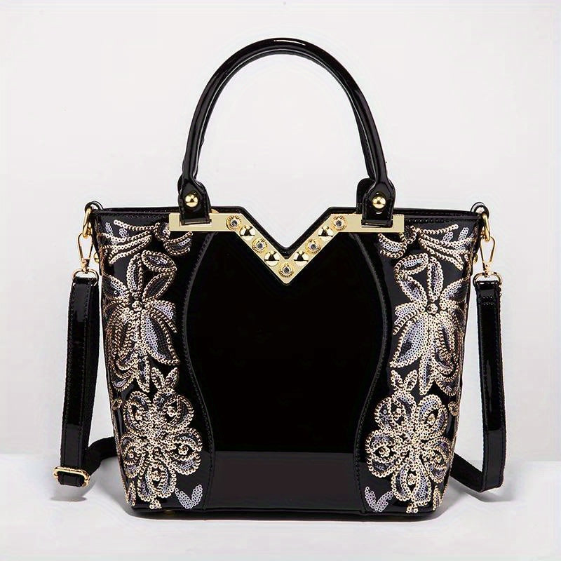 Designer Floral Embroidery Patent Leather Handbag for Women, Large Capacity Shoulder Tote with Zipper Closure, Polyester Lined, Paint Detail, Party Bag