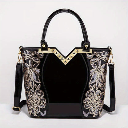 Designer Floral Embroidery Patent Leather Handbag for Women, Large Capacity Shoulder Tote with Zipper Closure, Polyester Lined, Paint Detail, Party Bag
