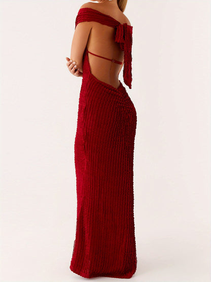 Women's Elegant Off-Shoulder Bodycon Maxi Dress - Formal Party Wedding Gala Evening gown with Tie Back Neckline, Machine Washable Long Dress for Women - Party, Wedding, Formal Events, Dresses for Wedding Guest