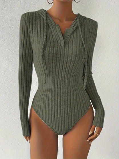 Women's Jumpsuit, V-neck Hooded Jumpsuit for Women, High-slit Bikini-style Slim-fit Loungewear, Brushed Ribbed Hooded Solid Color Jumpsuit and Romper