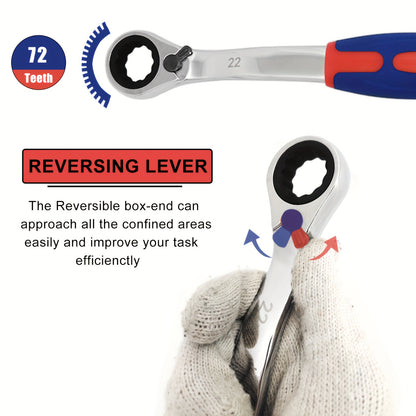 [Ratcheting Wrench Set] 9pcs 72-Tooth Reversible Soft Grip Ratcheting Wrench Set | Combination Wrench Set, Offset Box Wrench with Organizer Box, 8-22mm, Metric, 15-Degree, Cr-V Steel for Automobile, Car, Motorcycle, Bicycle,