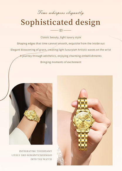 OLEVS Women'S Stainless Steel Automatic Mechanical Watch with Luminous Hands & Chronograph - Golden-Tone Elegant Round Watch, High Quality (Not), Luxury Analog Wristwatch for Women, No Battery/Easy Maintenance, Durable Everyd