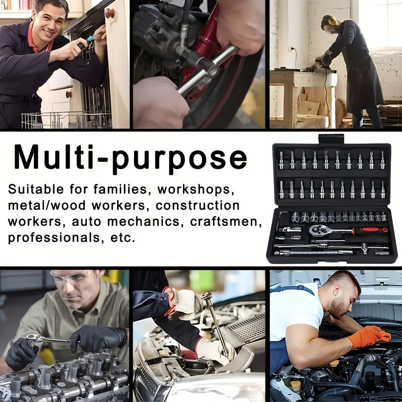 Black 46/215+1pc High-end Professional Tool Set, Auto/bicycle Repair Machinery Kit, 1/2 Inch *1/4 Inch 3/8 Inch Drive Depth And Standard Wrench Set, Race-grade Auto Parts Repair Ratchet Wrench And Other Auto Repair Accessorie