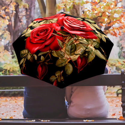 Automatic Open/Close Umbrella with One-Touch Button - Burgundy Rose & Black Automatic Folding/Unfolding Umbrella for Men & Women, 8-Rib Windproof Compact Travel Umbrella with Red/Golden/Green Floral Design, Portable for Commu