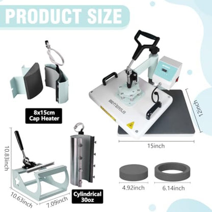 BetterSub 5 in 1 Heat Press Machine 12x15 inch Industrial-Quality Sublimation Press with 30oz Tumbler Attachment and Curved Hat Plate 360° Swivel Design for T-Shirts Vinyl DTF Film - Teal