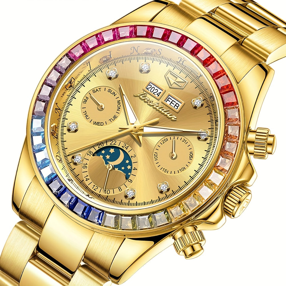 JSDUN Men'S Automatic Mechanical Watch with Luminous Hands & Moon Phase Indicator - Stainless Steel Multifunctional Chronograph, 24Hr Day/Date Display, Golden-Tone Minimalist Dial, High Quality (No Battery/Electricity) - Busi