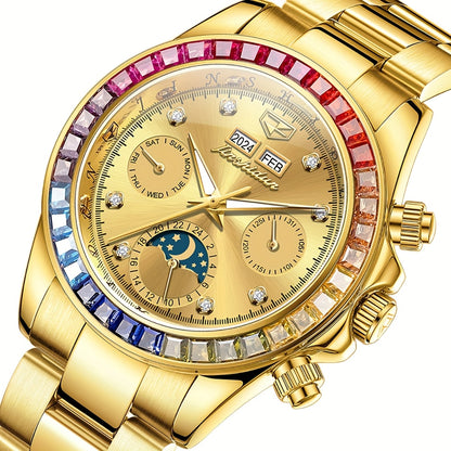 JSDUN Men'S Automatic Mechanical Watch with Luminous Hands & Moon Phase Indicator - Stainless Steel Multifunctional Chronograph, 24Hr Day/Date Display, Golden-Tone Minimalist Dial, High Quality (No Battery/Electricity) - Busi