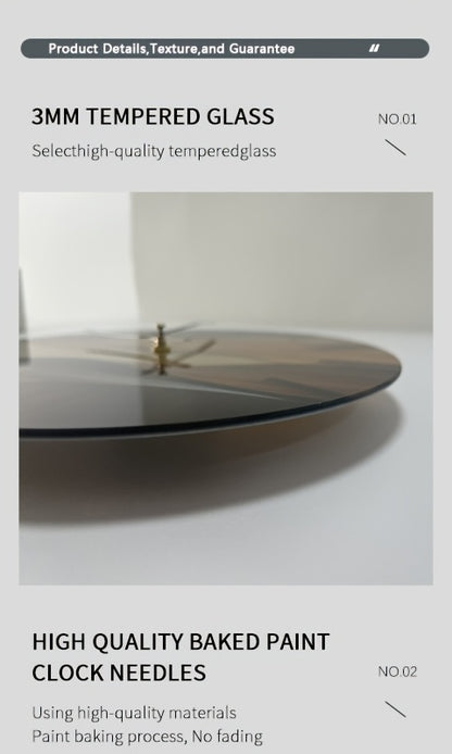 [Artistic Wall Clock] 12-inch Artistic Round Glass Wall Clock, Silent Non-Ticking High Quality Movement, 3mm Thickened Steel Tempered Glass, Faux Wood Grain Nordic Style with Corrugated Design | 1pc, Living Room Bedroom Home