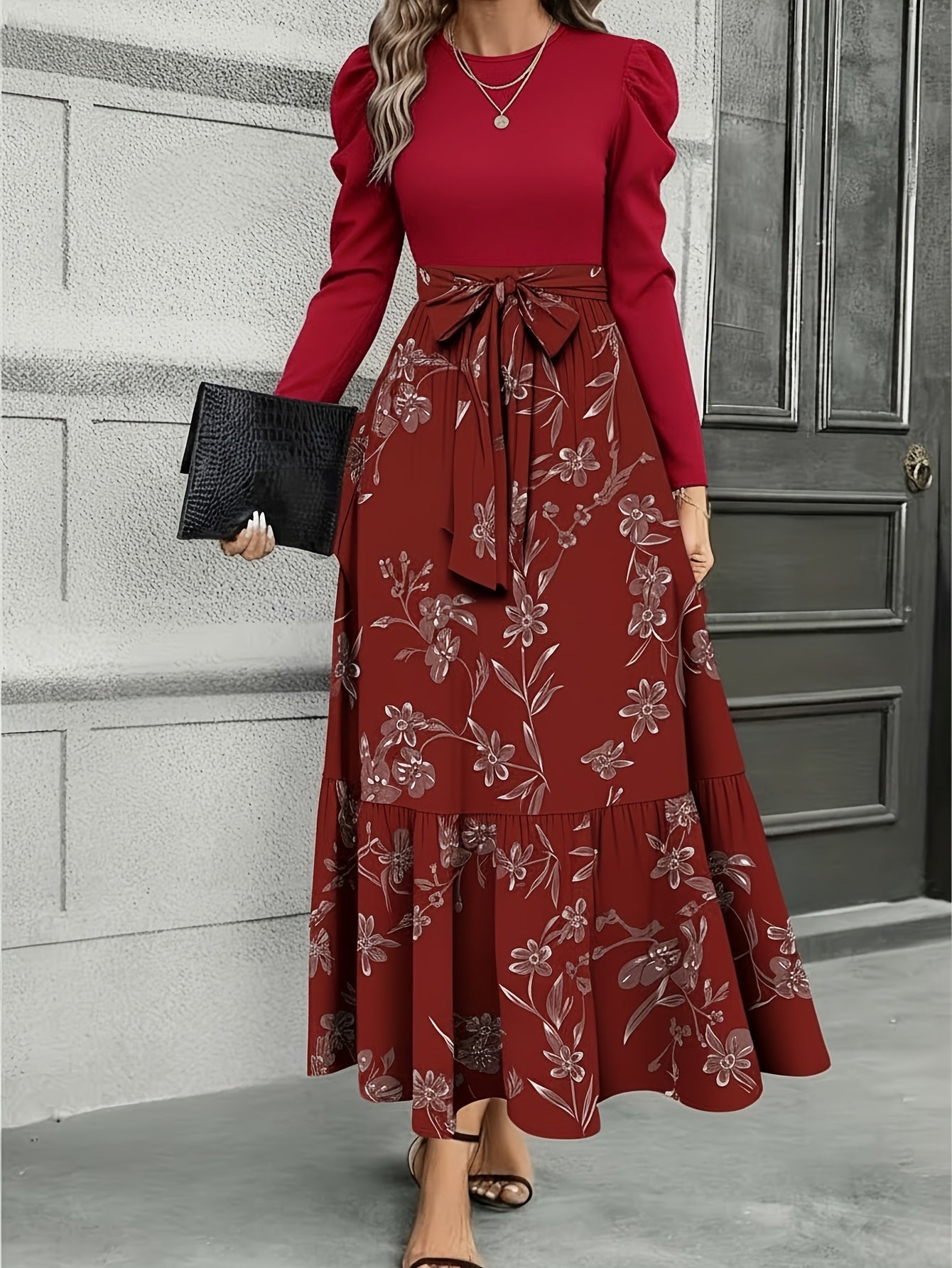 Women'S Navy Blue Floral Tie-Waist Maxi Dress | Retro Elegant Style, Suitable for Daily Streetwear, Light Social Occasions, and Chic Gatherings