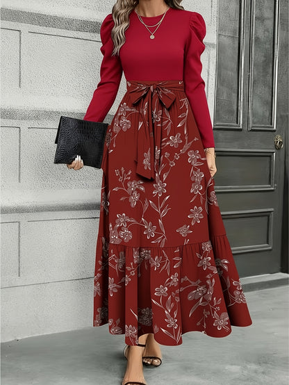 Women'S Navy Blue Floral Tie-Waist Maxi Dress | Retro Elegant Style, Suitable for Daily Streetwear, Light Social Occasions, and Chic Gatherings