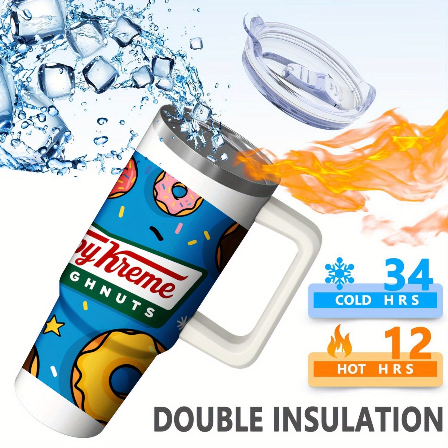 Krispy Kreme Donuts Stainless Steel Travel Mug with Donut Pattern & Logo - Double-Wall Insulated 304 Stainless Steel Cup for Hot/Cold Coffee & Tea, Spill-Proof Lid, Camping & Office Use, Nostalgic Collectible Gift for Fans (B