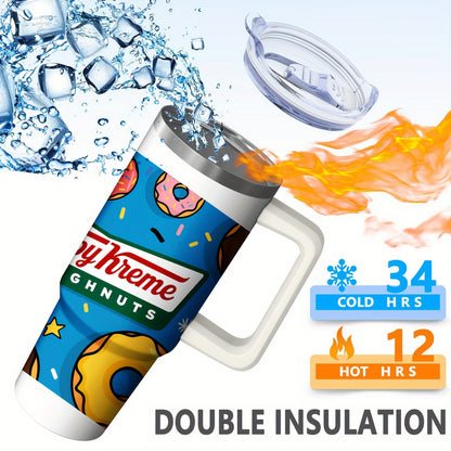 Krispy Kreme Donuts Stainless Steel Travel Mug with Donut Pattern & Logo - Double-Wall Insulated 304 Stainless Steel Cup for Hot/Cold Coffee & Tea, Spill-Proof Lid, Camping & Office Use, Nostalgic Collectible Gift for Fans (B