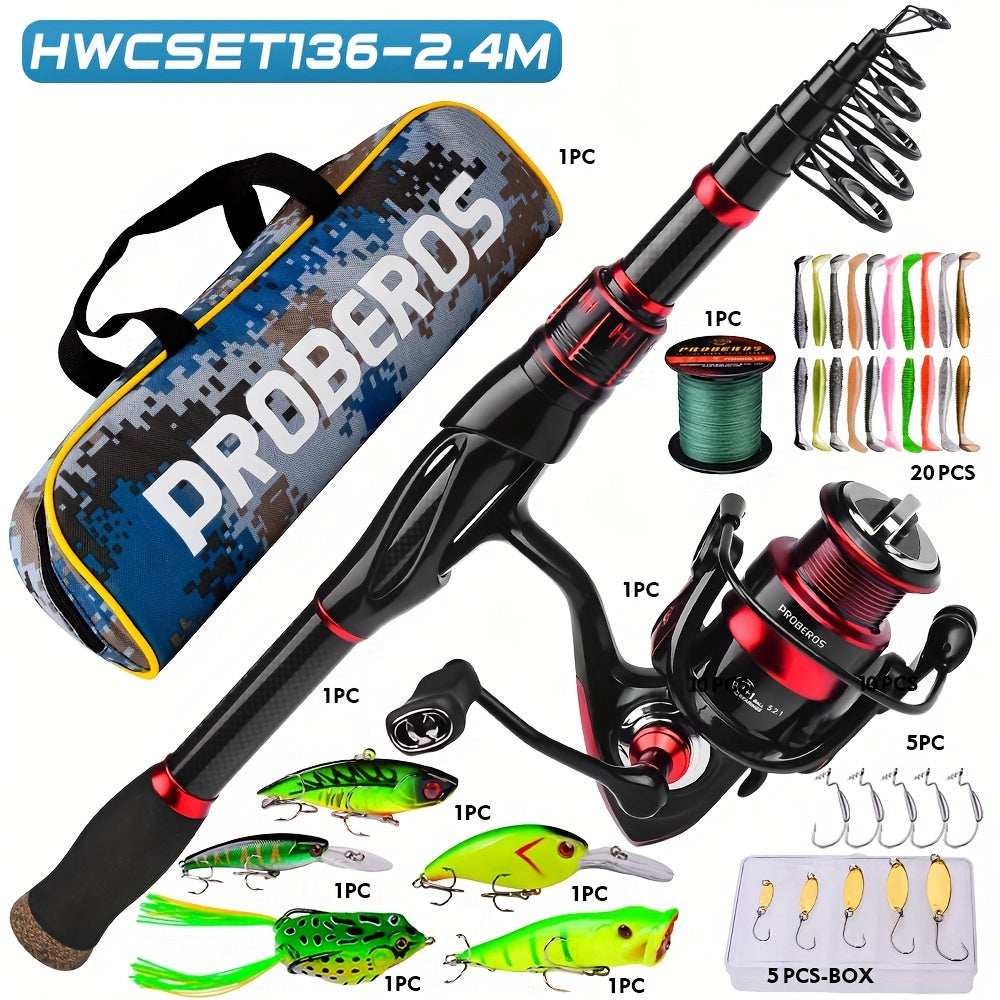 Proberos Carbon Fiber Telescopic Fishing Rod and Reel Combo - Ambidextrous Medium Action Spinning Reel with 2000 Series, Freshwater Bass Fishing Kit for Thanksgiving, Christmas, Father's Day, Fishing Gear