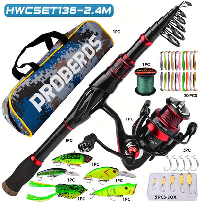 Proberos Carbon Fiber Telescopic Fishing Rod and Reel Combo - Ambidextrous Medium Action Spinning Reel with 2000 Series, Freshwater Bass Fishing Kit for Thanksgiving, Christmas, Father's Day, Fishing Gear