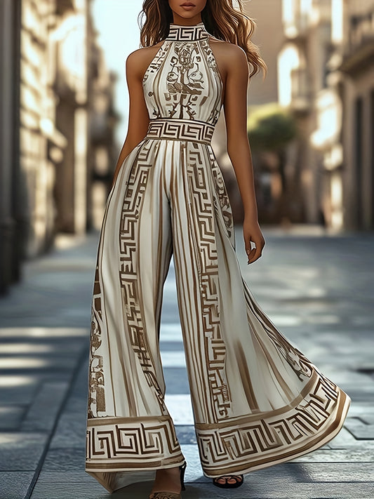 Ladies' Summer New Fashionable Stand Up Collar Sleeveless Off Shoulder Wide Leg Jumpsuit Casual Retro Patterned Jumpsuit