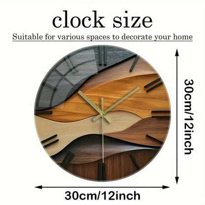 12-Inch Silent Modern Minimalist Wood Grain Wall Clock - Thickened Reinforced Glass Face, Japanese Automatic Movement, Battery-Powered (AA Battery Not Included) - Black/Beige/Brown Contemporary Round Design for Living Room, B