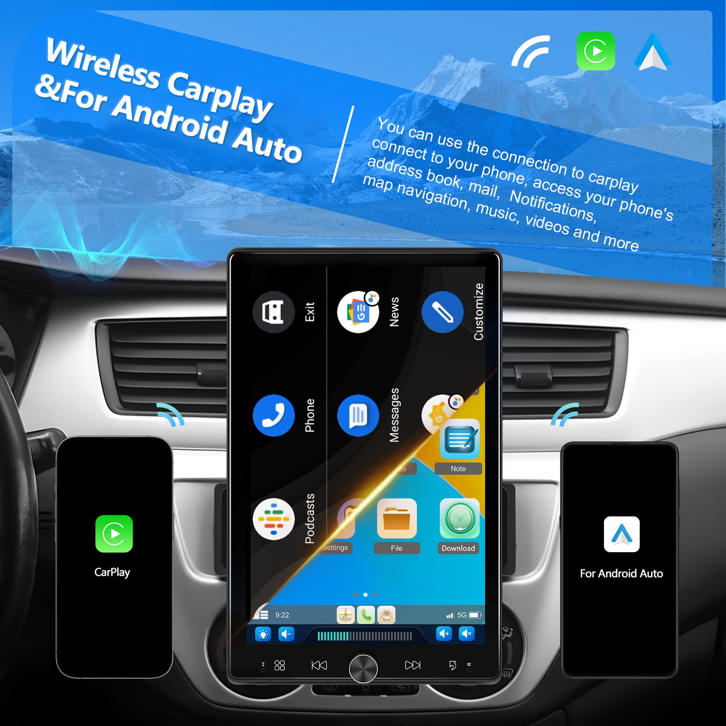 PODOFO Single Din Car Radio with Wireless Carplay Android Auto, 10.4 Inch Vertical Touch Screen Car Stereo with Mirror Link, FM/ RDS Radio, Car Radio Audio Receivers with EQ AUX/ USB+Backup Camera+Mic, Car Radio with Wireless