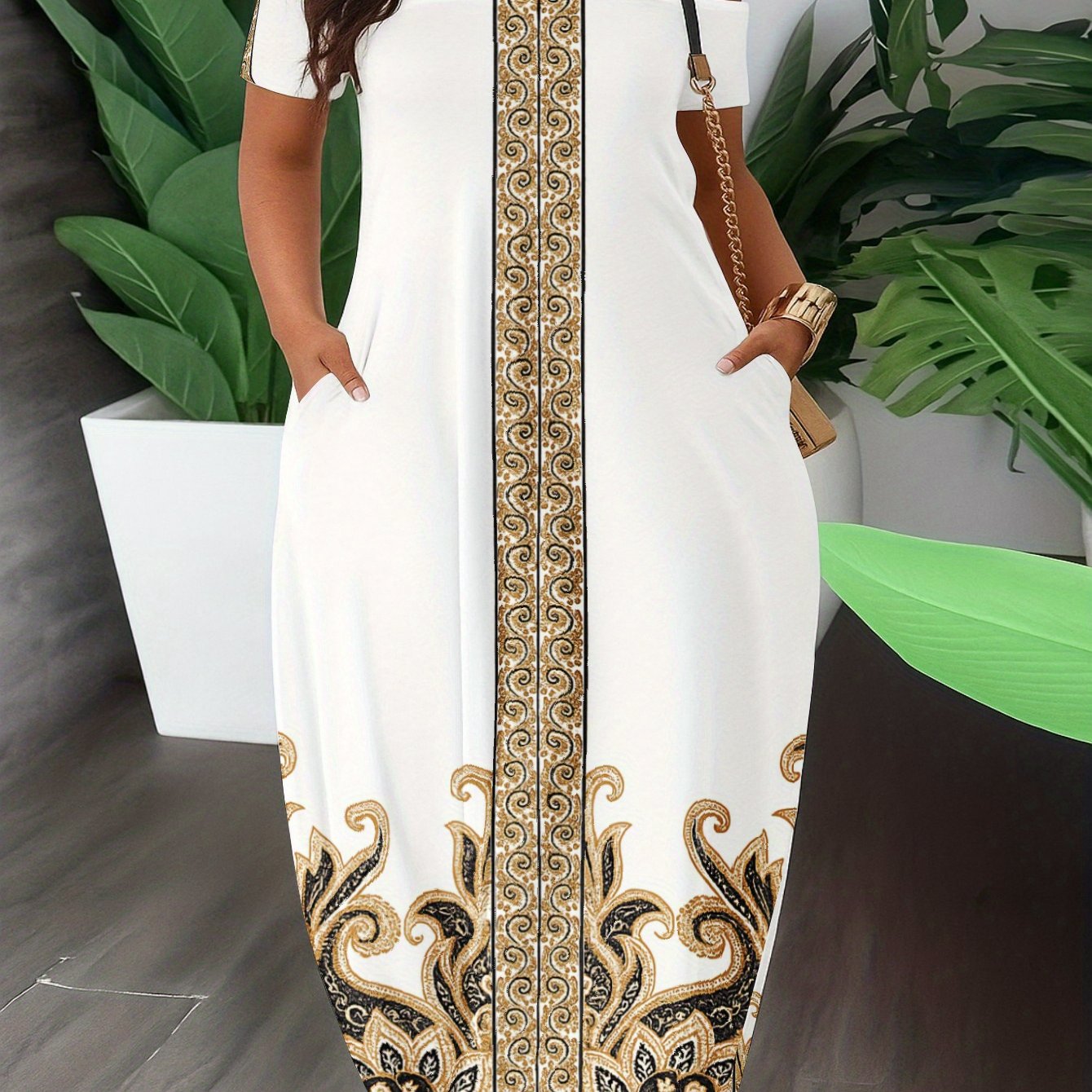 Plus Size, Women's Elegant Off-Shoulder/One-Shoulder Maxi Dress with White Golden & Black Floral Print - Mermaid Top & Flowy Maxi Wedding Guest Gown, Prom Dress, Beach Party Outfit - Machine Washable Year-Round Dress