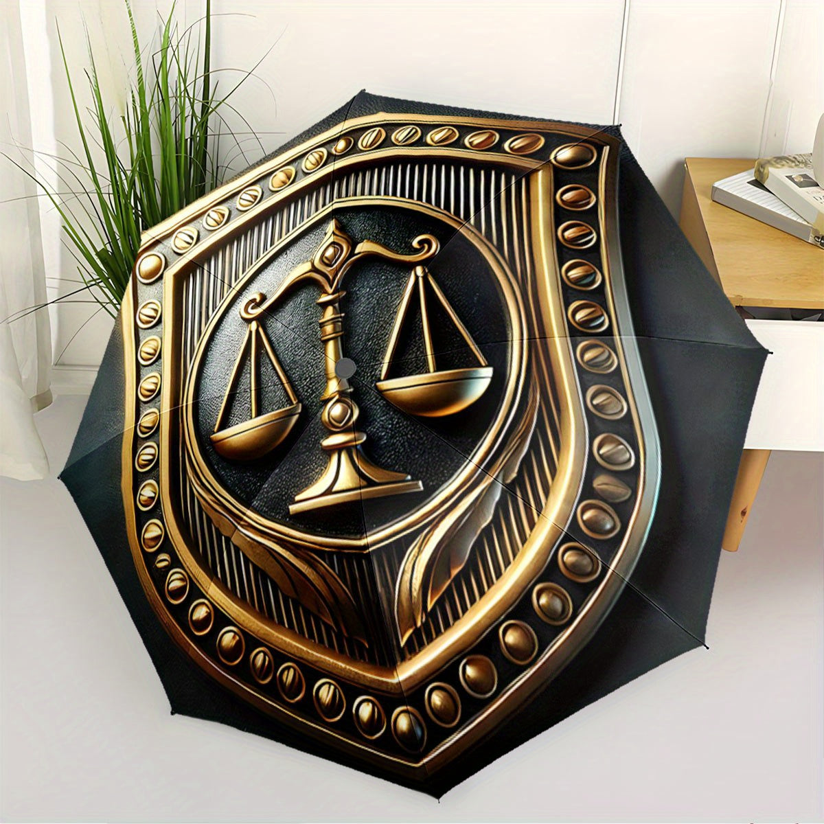 Automatic Folding Umbrella Golden scales of justice emblem. Portable collapsible design, casual outdoor accessory, for all seasons, Christmas birthday festival gift